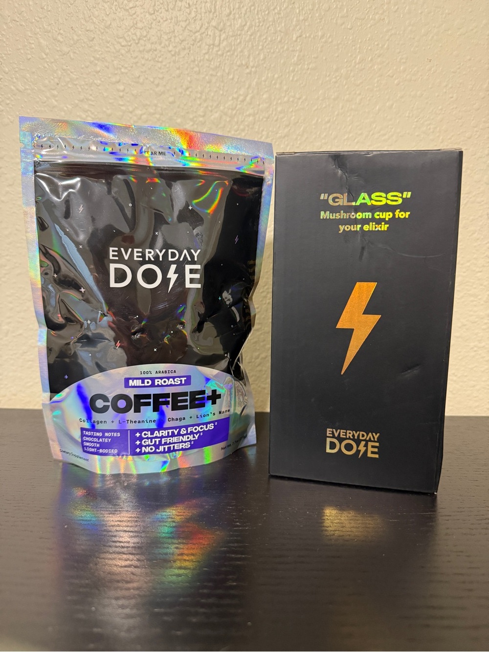Everyday Dose Mushroom Coffee + Mild Roast, With Mushroom Glass
